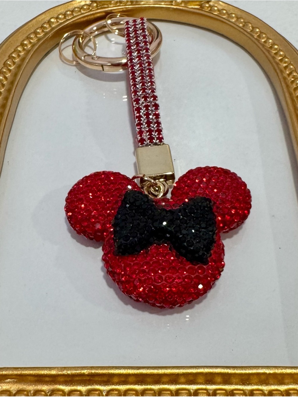 New Red Crystal Metal Minnie w/ Black Bow Keychain Bag Charm